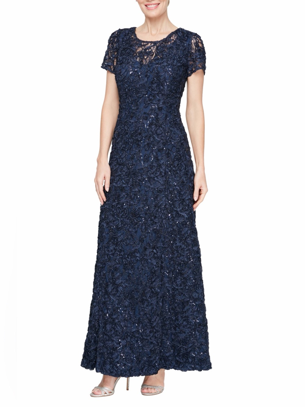 Alex Evenings $269 Sequin Soutache Short Sleeve A Line Gown 16 Navy Floral Dress